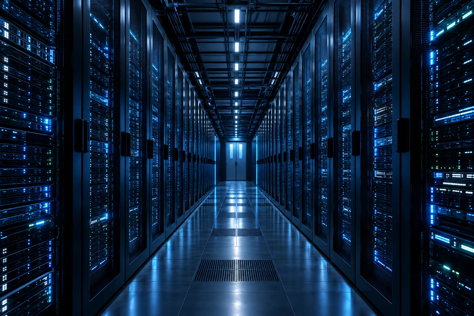 Modern data-centre corridor illuminated in blue